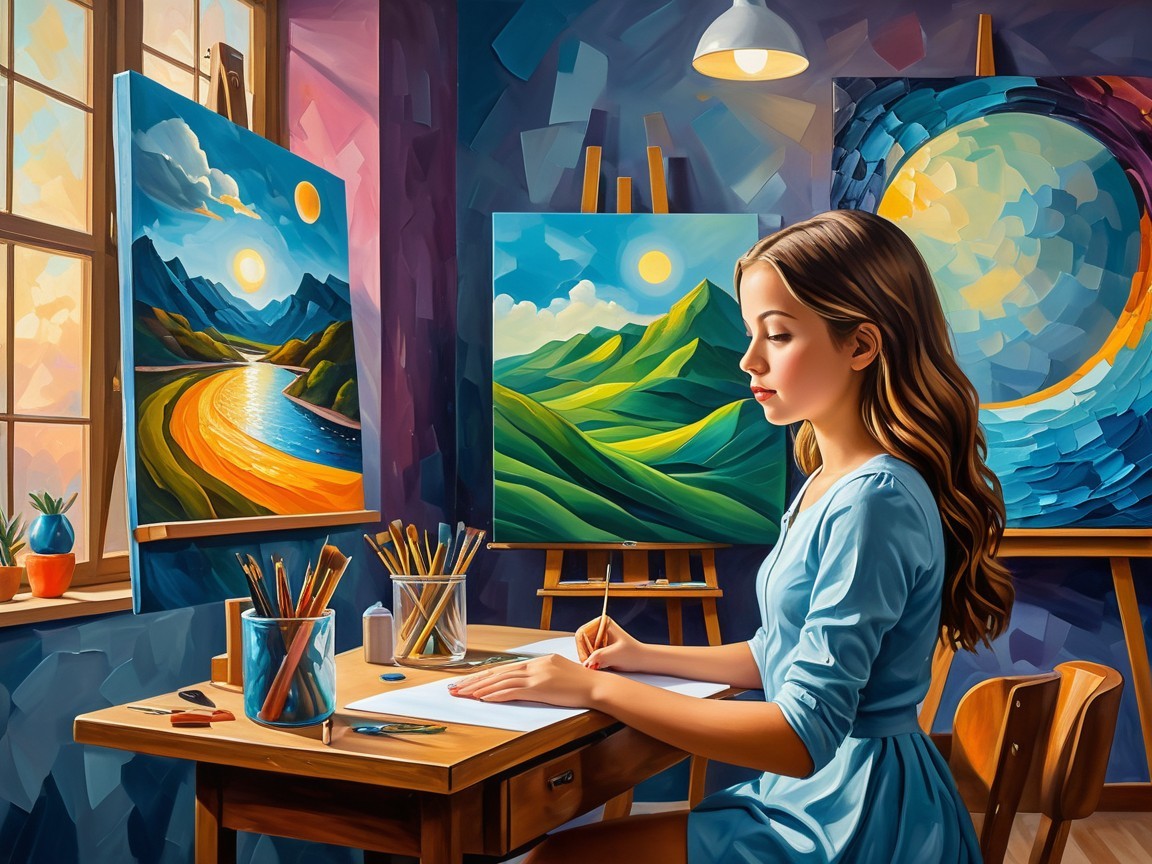 Young Woman Drawing in Cozy Art Studio with Paintings