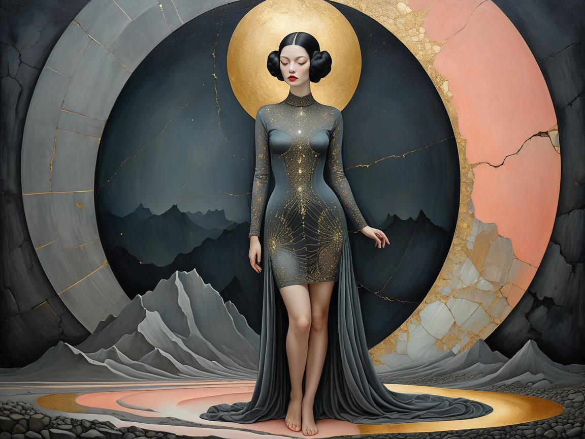 Elegant Figure in Dark Gown with Cosmic Halo