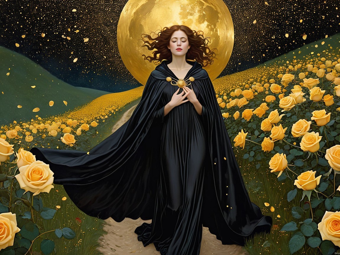 Mysterious Woman in Cloak Among Yellow Roses at Night