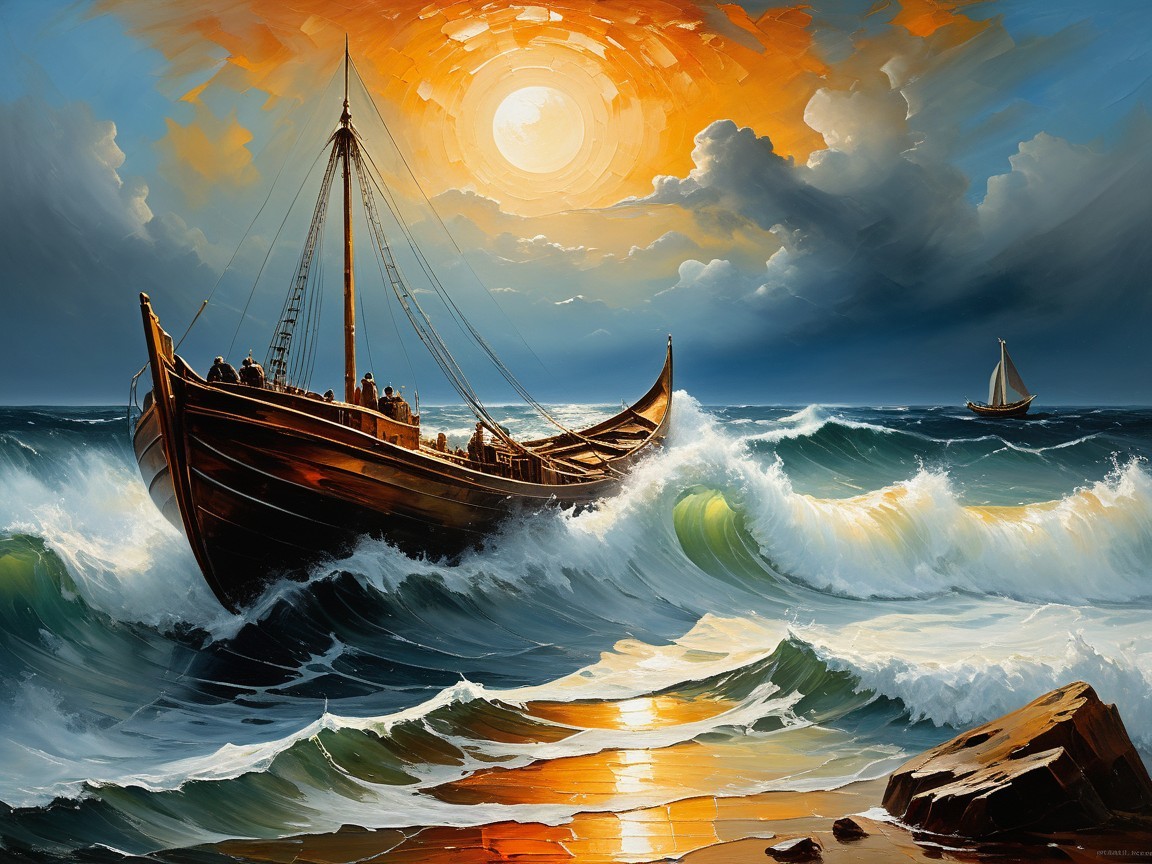Wooden Ship Battling Waves Under Vibrant Sky