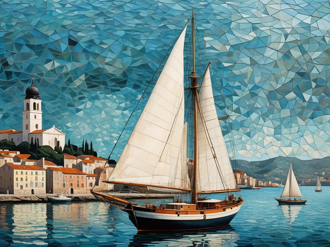 Colorful Mosaic Painting of Sailboat in Busy Port