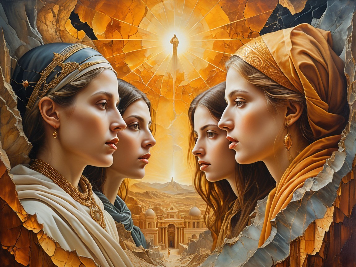 Four Women in Profile with Elaborate Attire and Jewelry