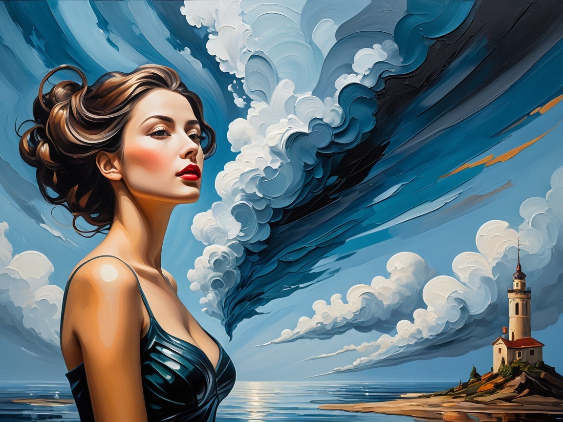 Portrait of a Woman Against a Dramatic Sky and Lighthouse