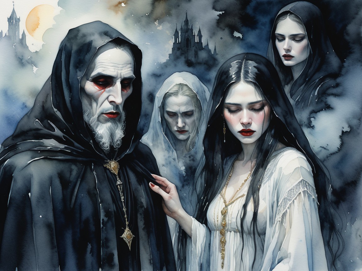 Mysterious Watercolor Scene with Cloaked Figures