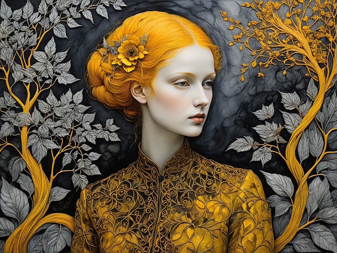 Portrait of a woman with golden hair and floral adornments