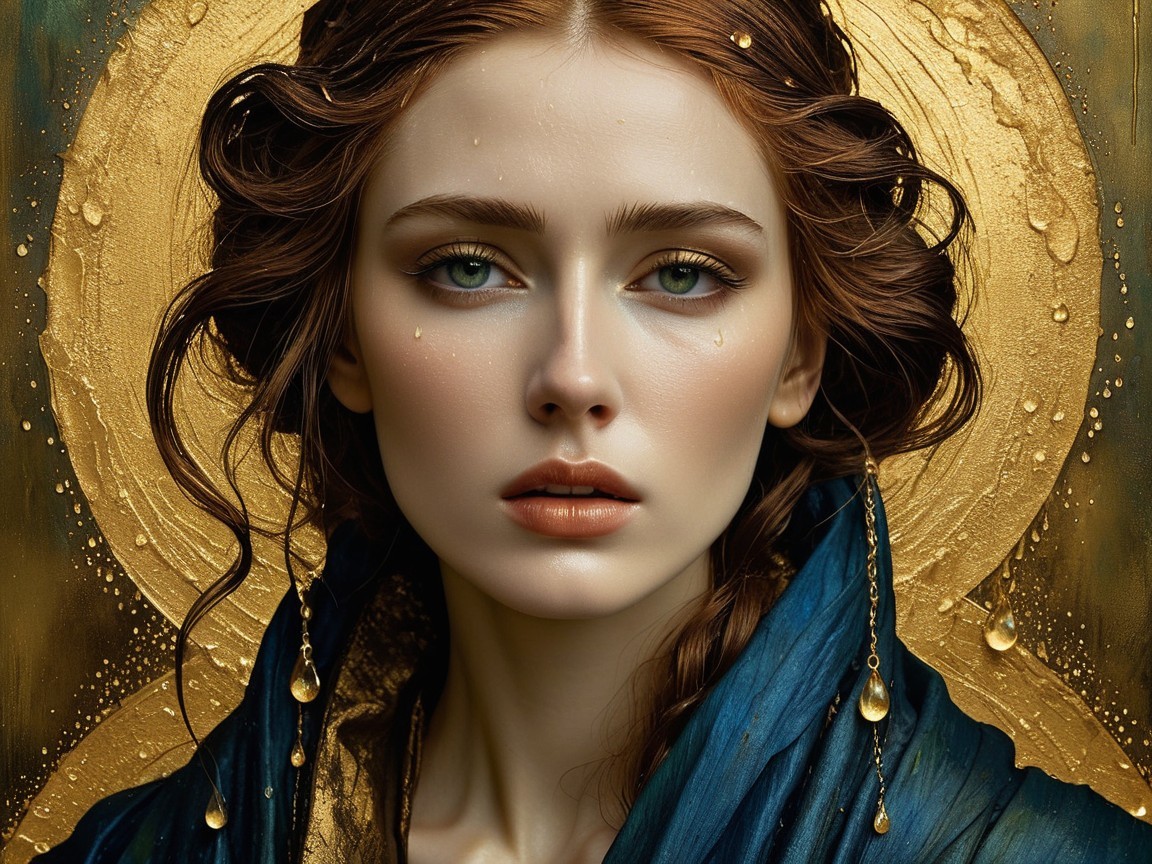 Serene Young Woman with Green Eyes and Golden Halo