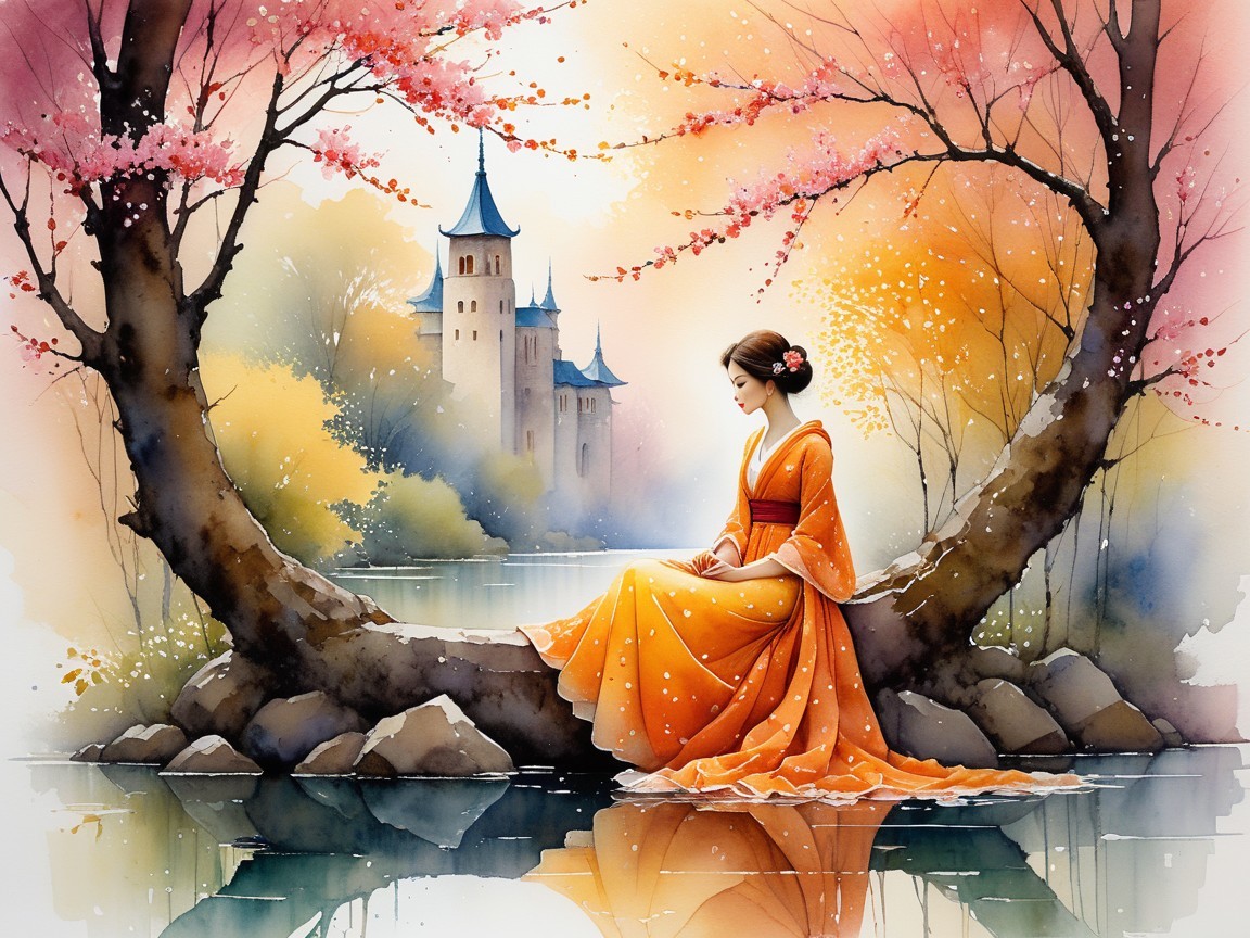 Woman in Orange Kimono by Tranquil Lake and Castle
