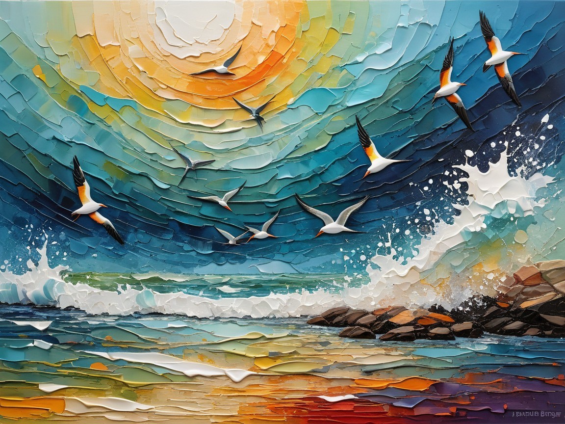 Vibrant Seaside Scene with Waves and Seagulls