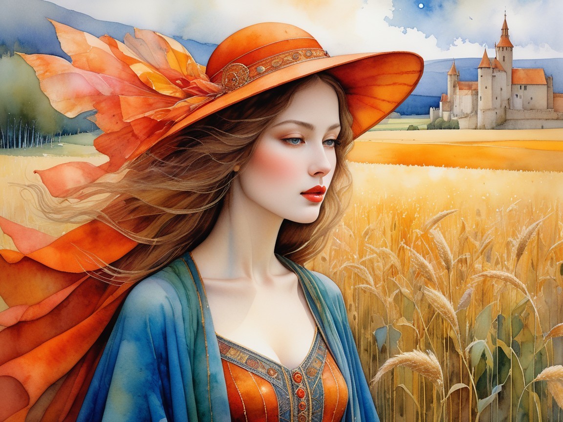 Serene Woman in Golden Field with Castle Background