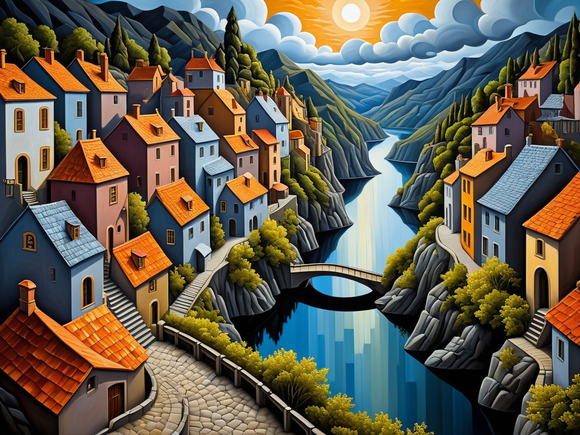 Vibrant Riverside Village Surrounded by Mountains