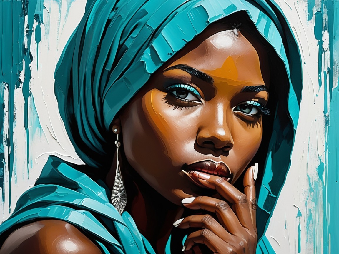 Portrait of a Woman with Teal Headscarf and Bold Makeup