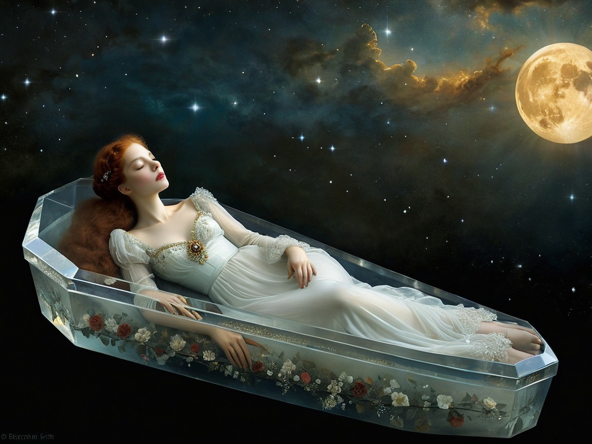 Serene Figure in Crystal Coffin Under Starry Sky