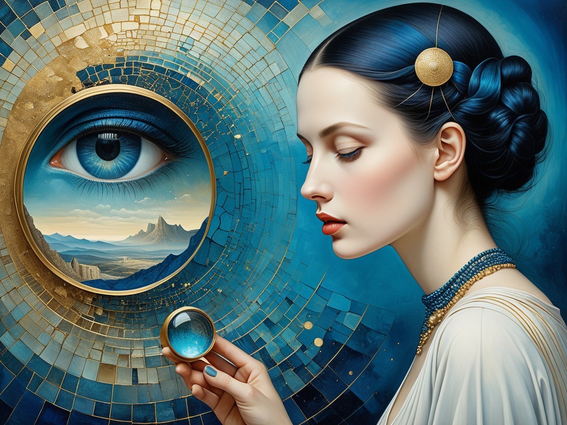 Serene Woman with Blue Hair and Surreal Landscape