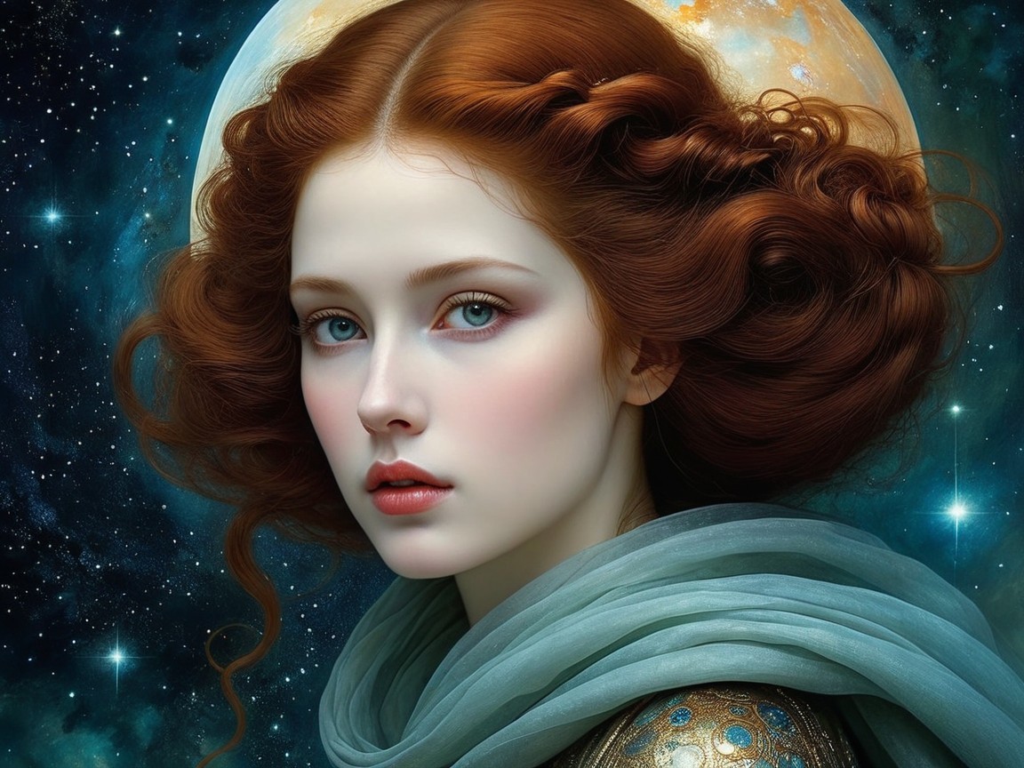 Serene young woman with red hair in cosmic setting
