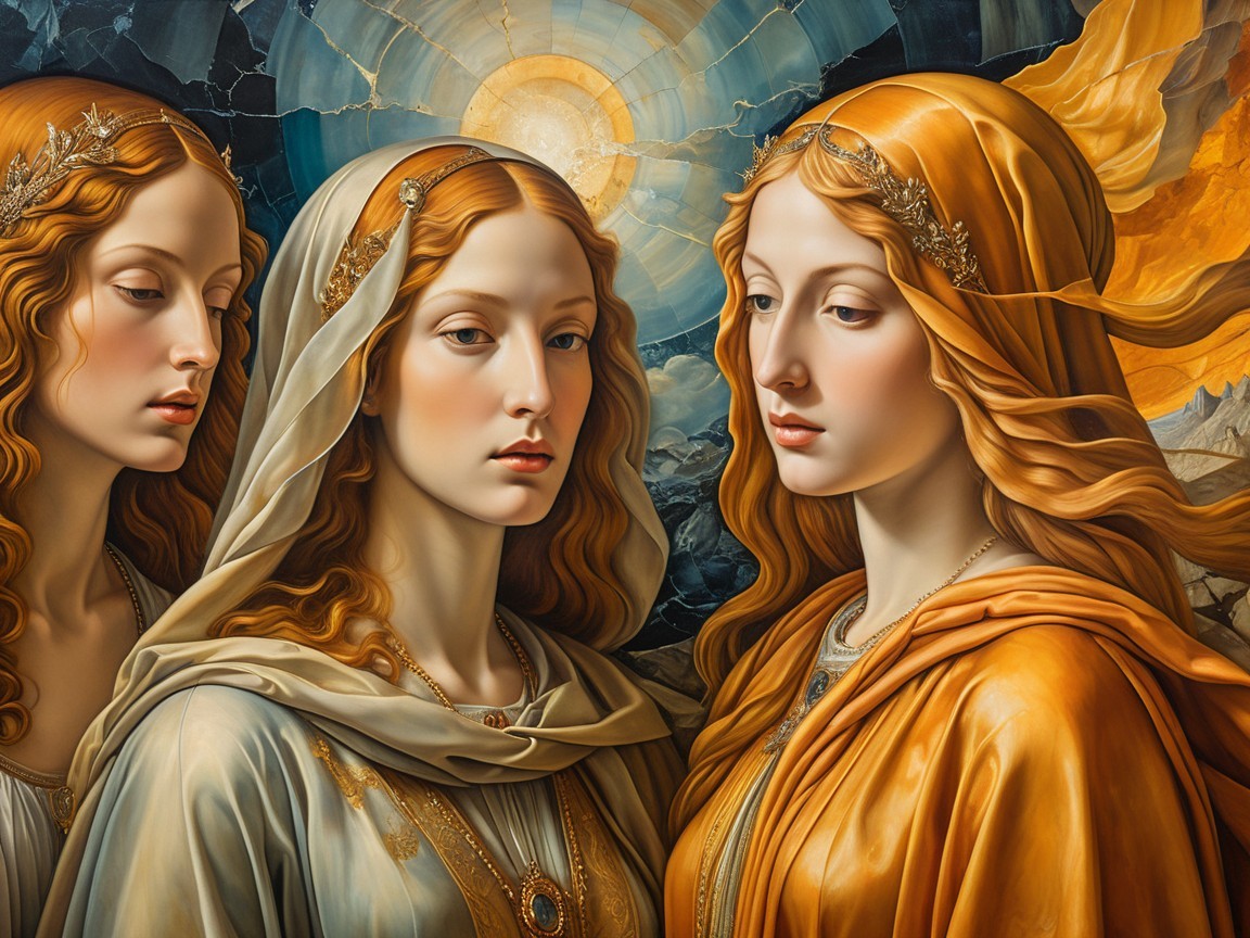 Ethereal Women in Intricate Garments with Colorful Backdrop