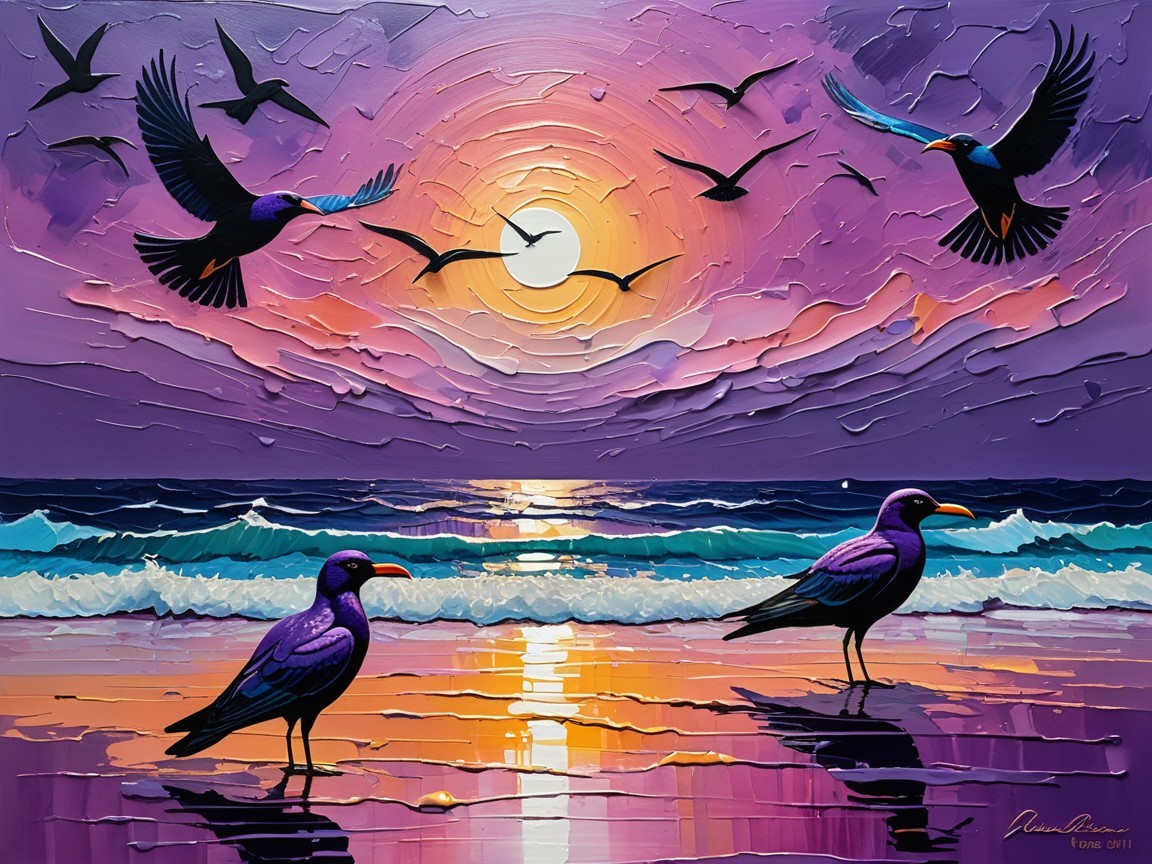 Vibrant Sunset Over Ocean with Silhouetted Birds