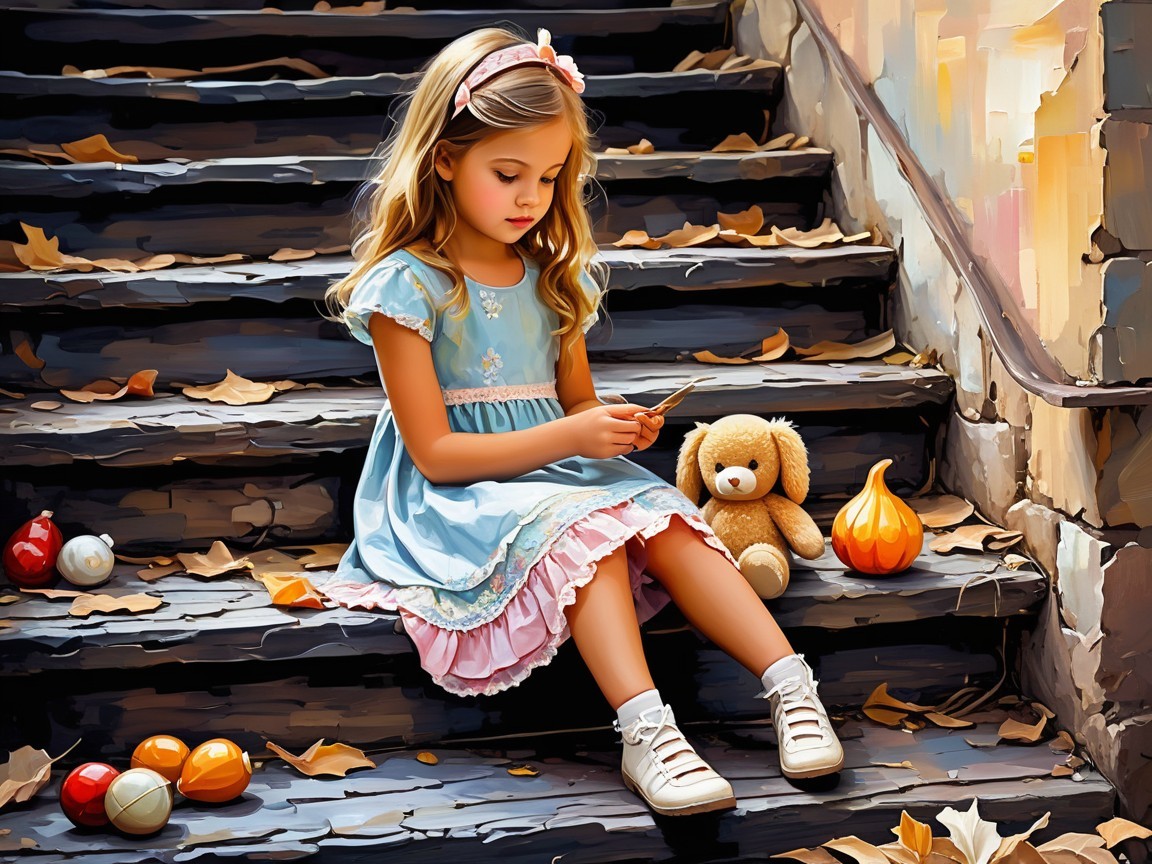 Young girl on weathered steps with leaves and toys