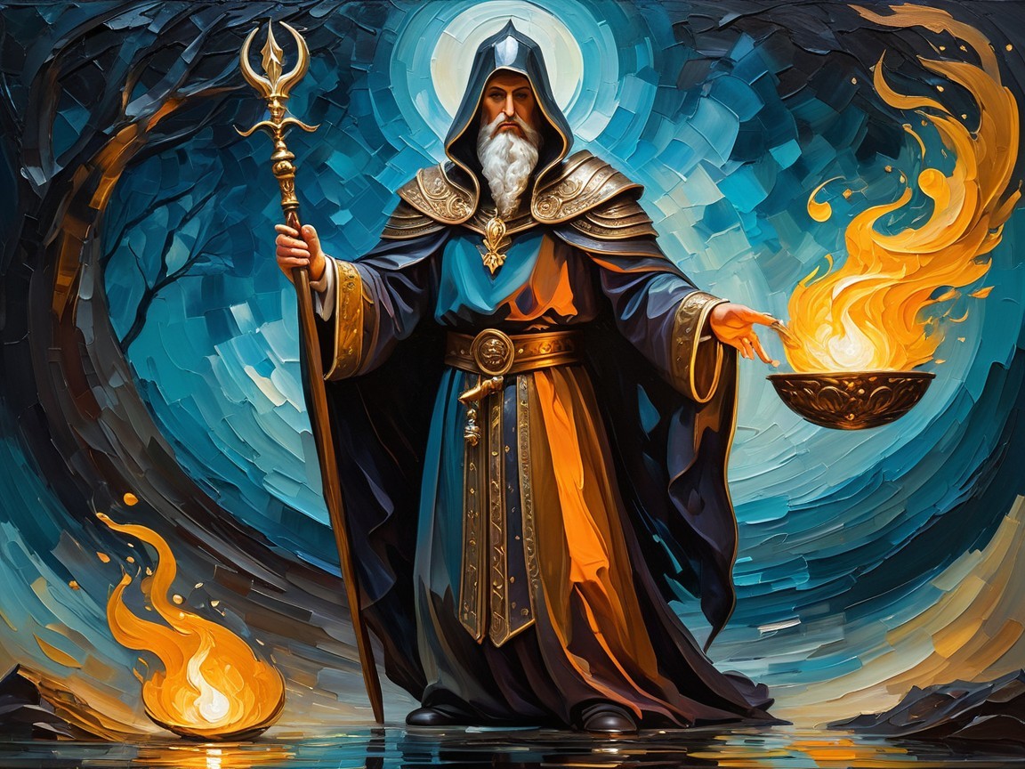 Mystical figure in enchanted forest with swirling flame