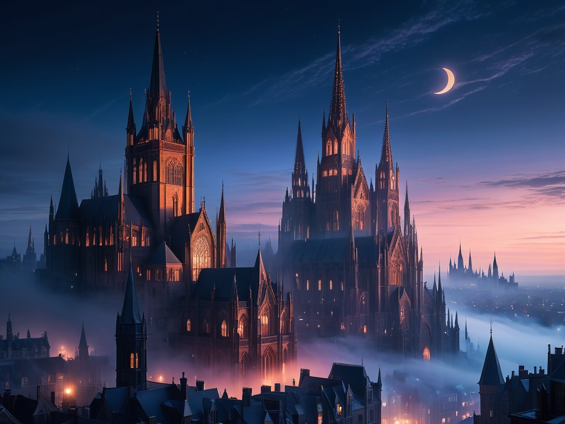 Gothic Kingdom Skyline at Dusk with Twilight Colors