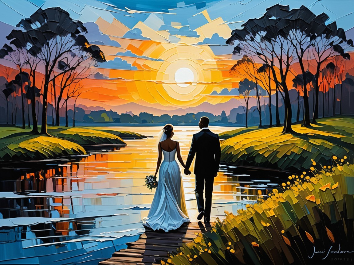 Newlywed Couple at Sunset by Serene Riverbank