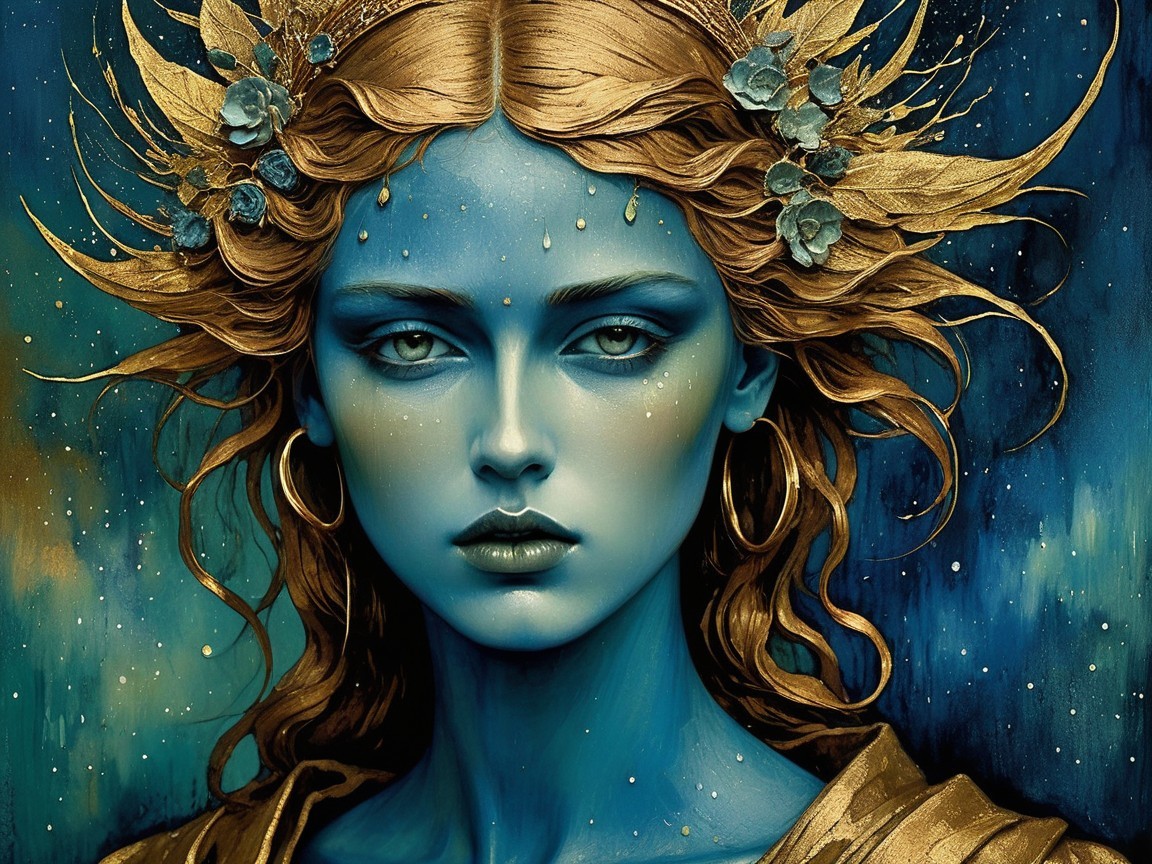 Captivating Figure with Golden Accents and Blue Skin