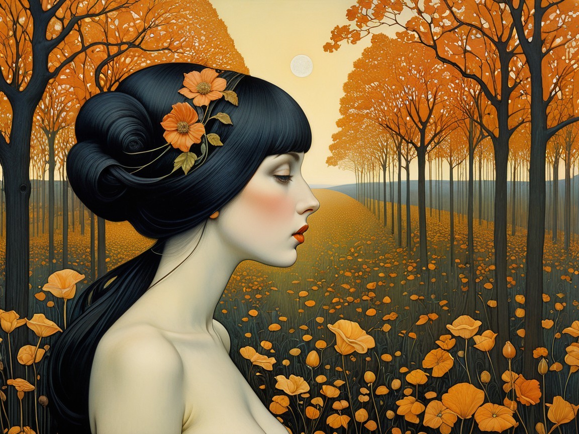 Woman with Orange Flowers Amid Autumn Landscape