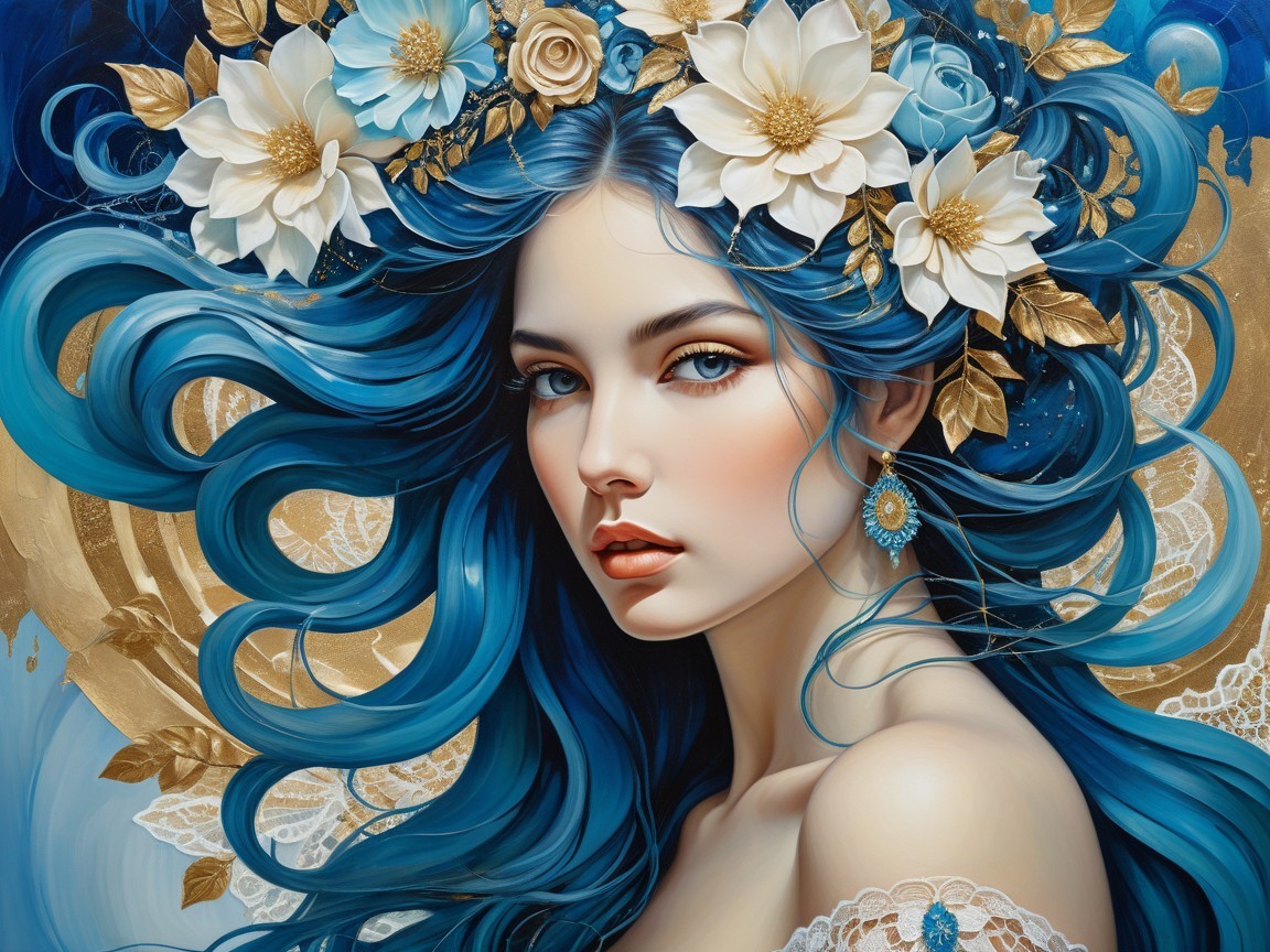 Portrait of a woman with blue hair and floral details