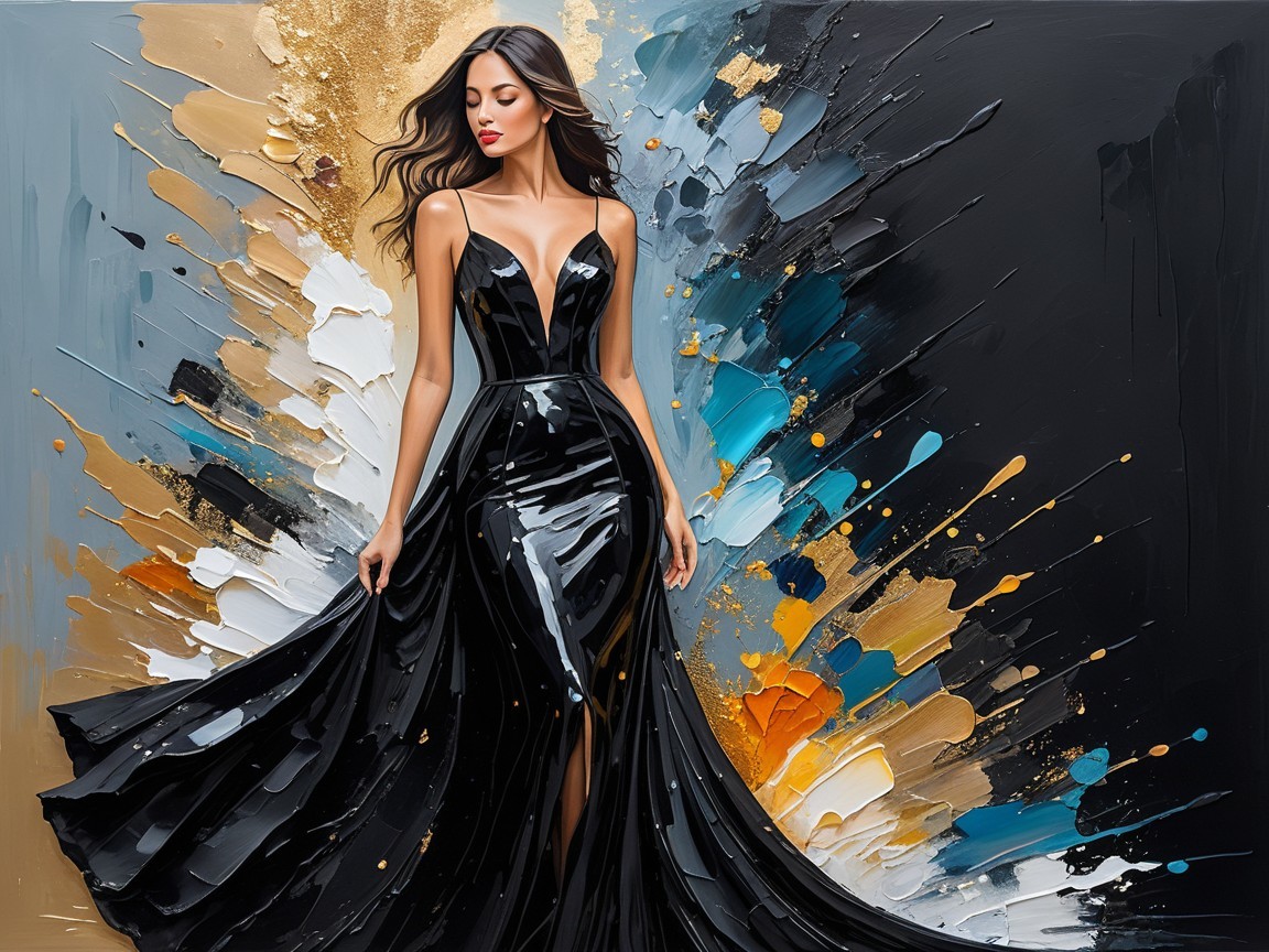 Elegant Woman in Black Satin Gown with Colorful Background