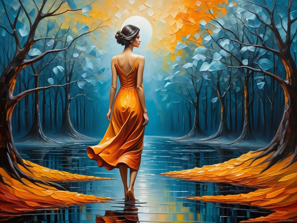 Woman in Orange Dress Walking by Reflective Water
