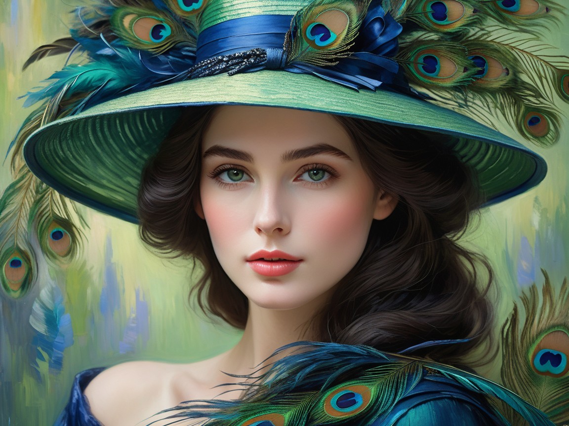 Young woman in hat with peacock feathers and soft gaze