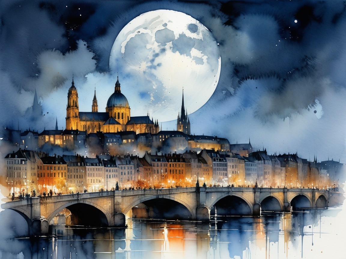 Moonlit Cityscape Watercolor with Cathedral and Bridge
