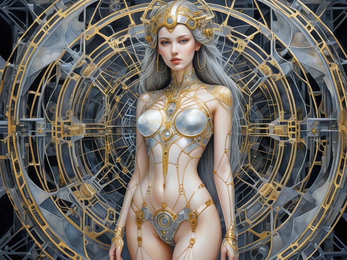 Futuristic humanoid figure with silver hair and cybernetics