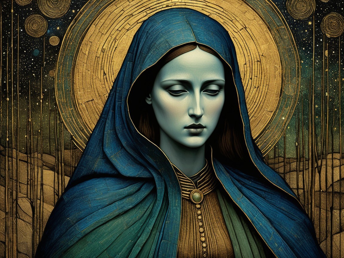 Serene figure in blue cloak with golden halo