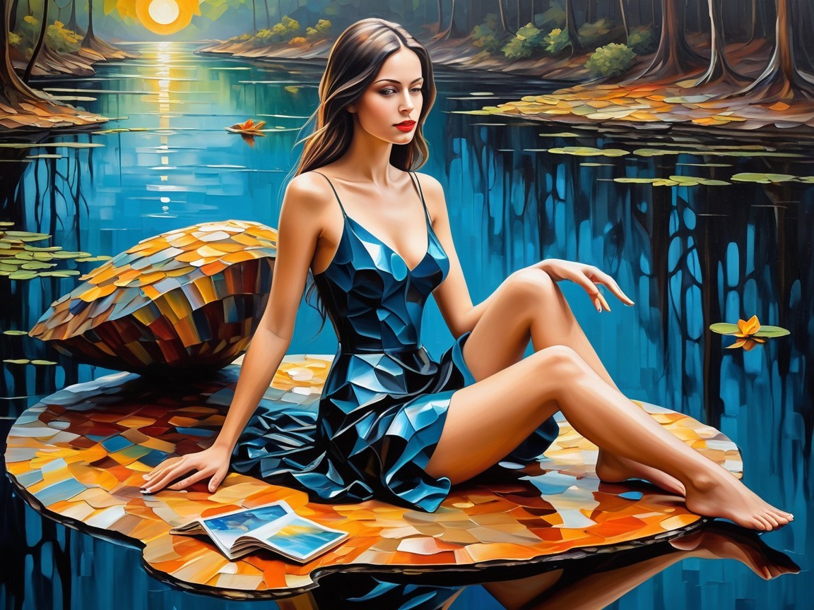 Woman in blue dress by serene lake at sunset
