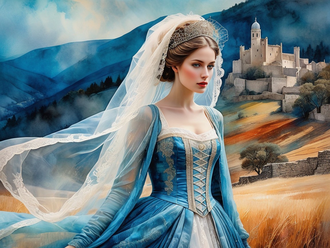 Medieval Woman in Blue Dress in Golden Field