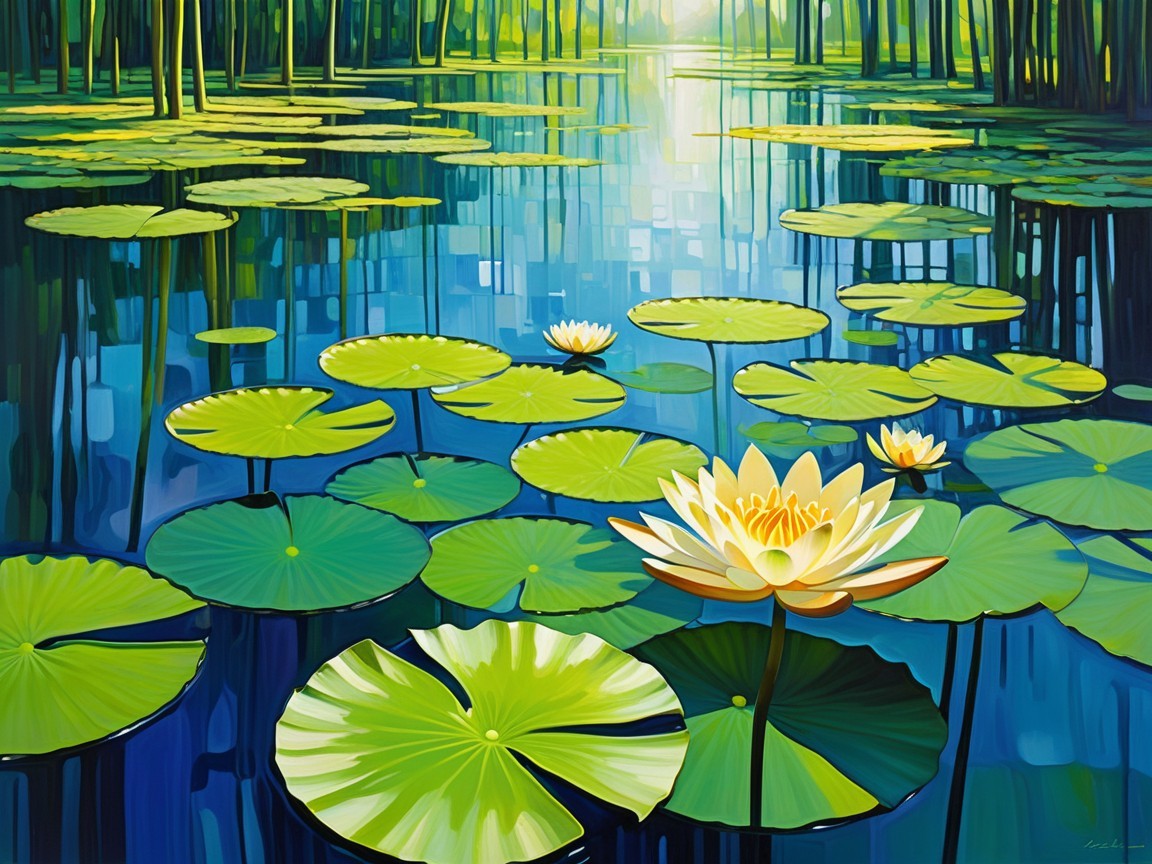 Serene pond with lily pads and blooming flowers