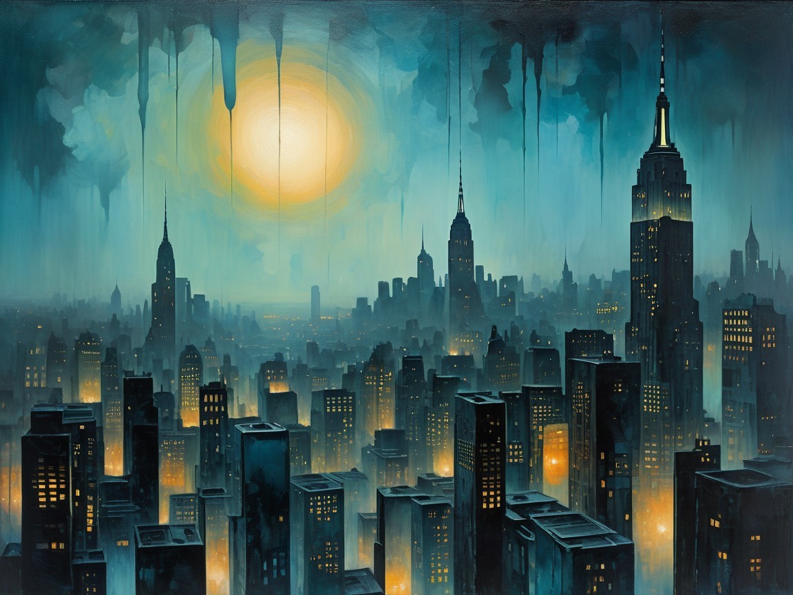 Futuristic Skyscraper City at Night in Impressionistic Style