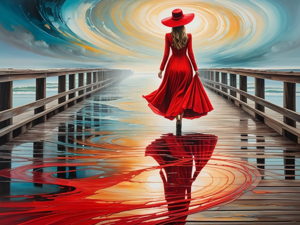 Woman in Red Dress on Vibrant Pier at Sunset