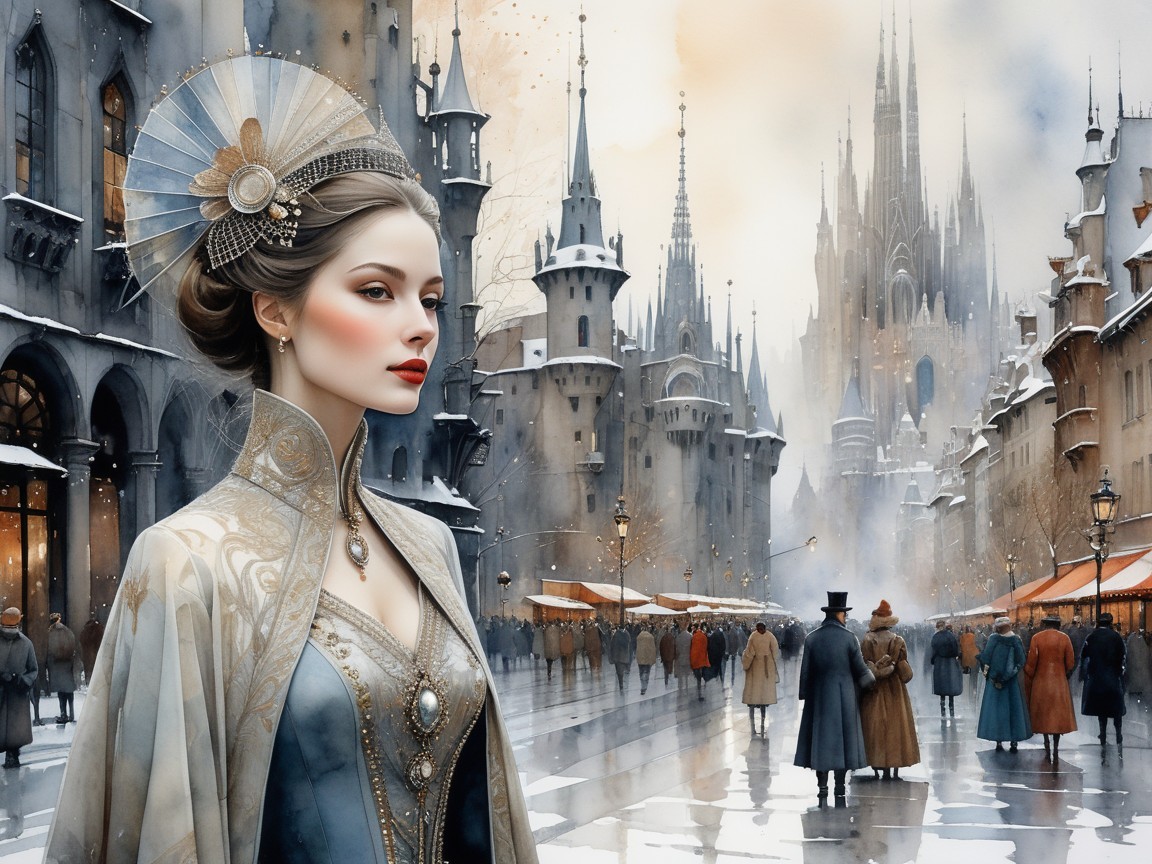 Woman in Headdress on Snowy Street with Medieval Scene