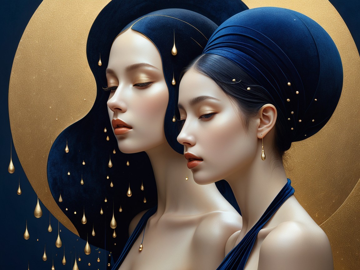 Elegant Women with Blue Hair and Golden Accents