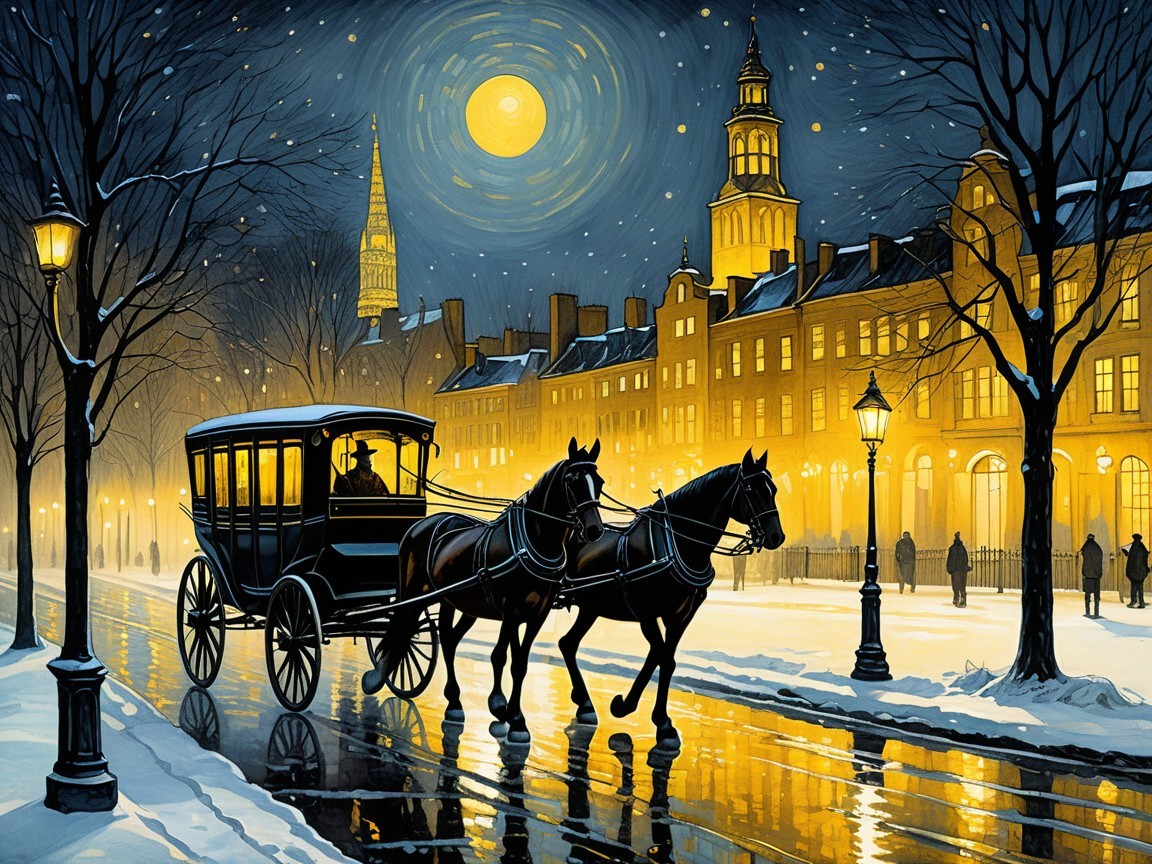 Winter Evening Scene with Horse-Drawn Carriage