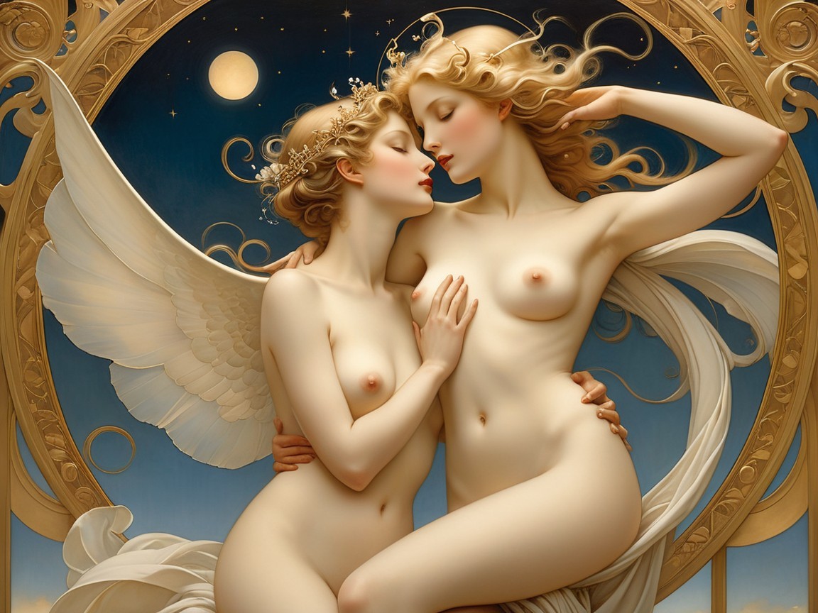 Ethereal Figures Embracing Under a Glowing Moon