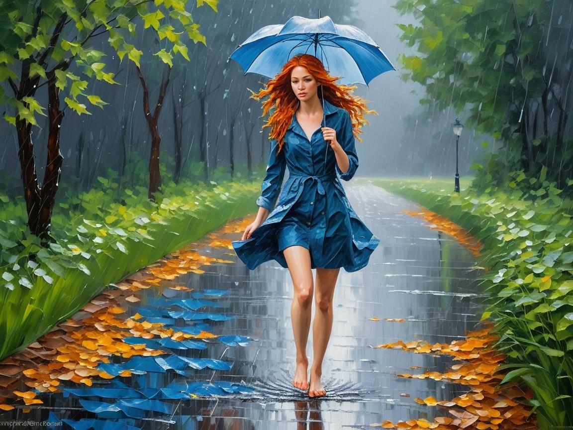 Young Woman in Blue Dress Walking on Rainy Path