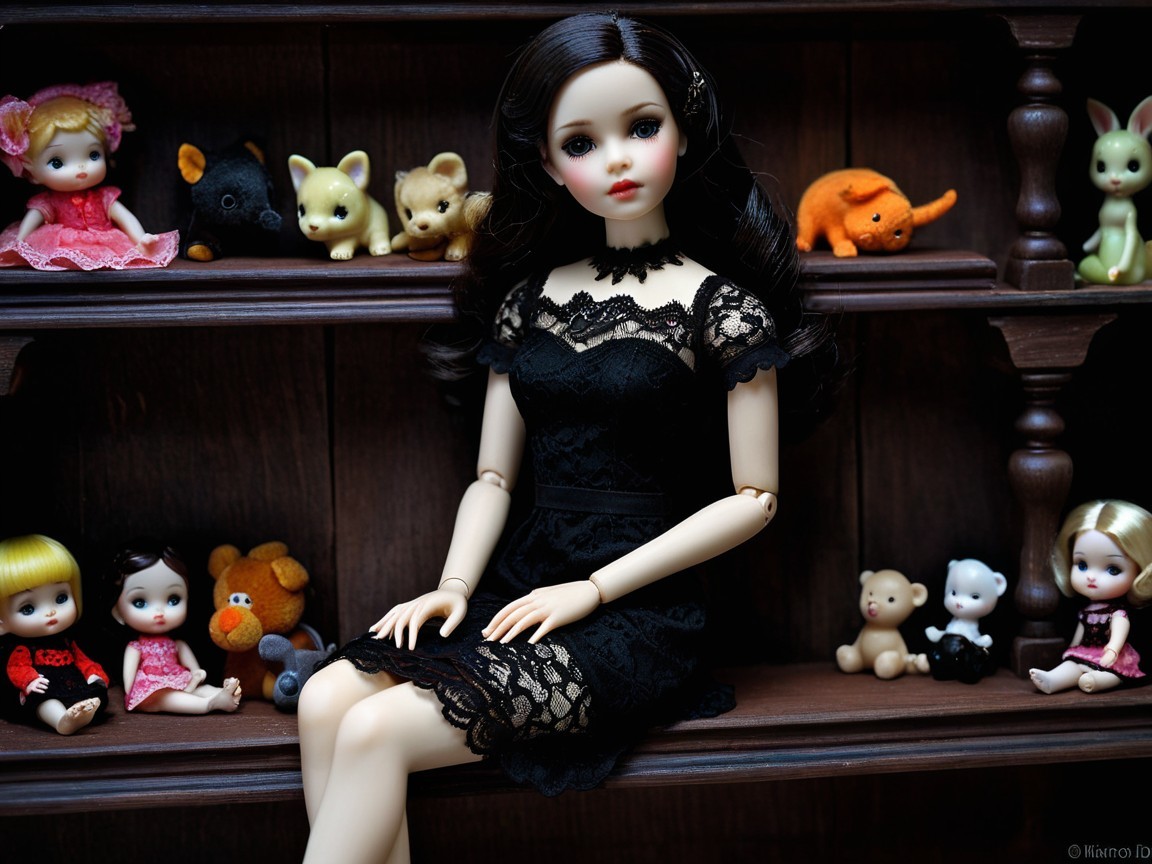 Detailed Doll Display with Unique Toys and Warm Lighting