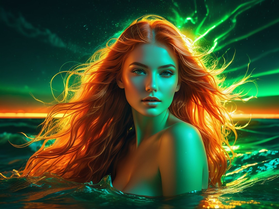 Ethereal Woman in Shimmering Water with Green Glow