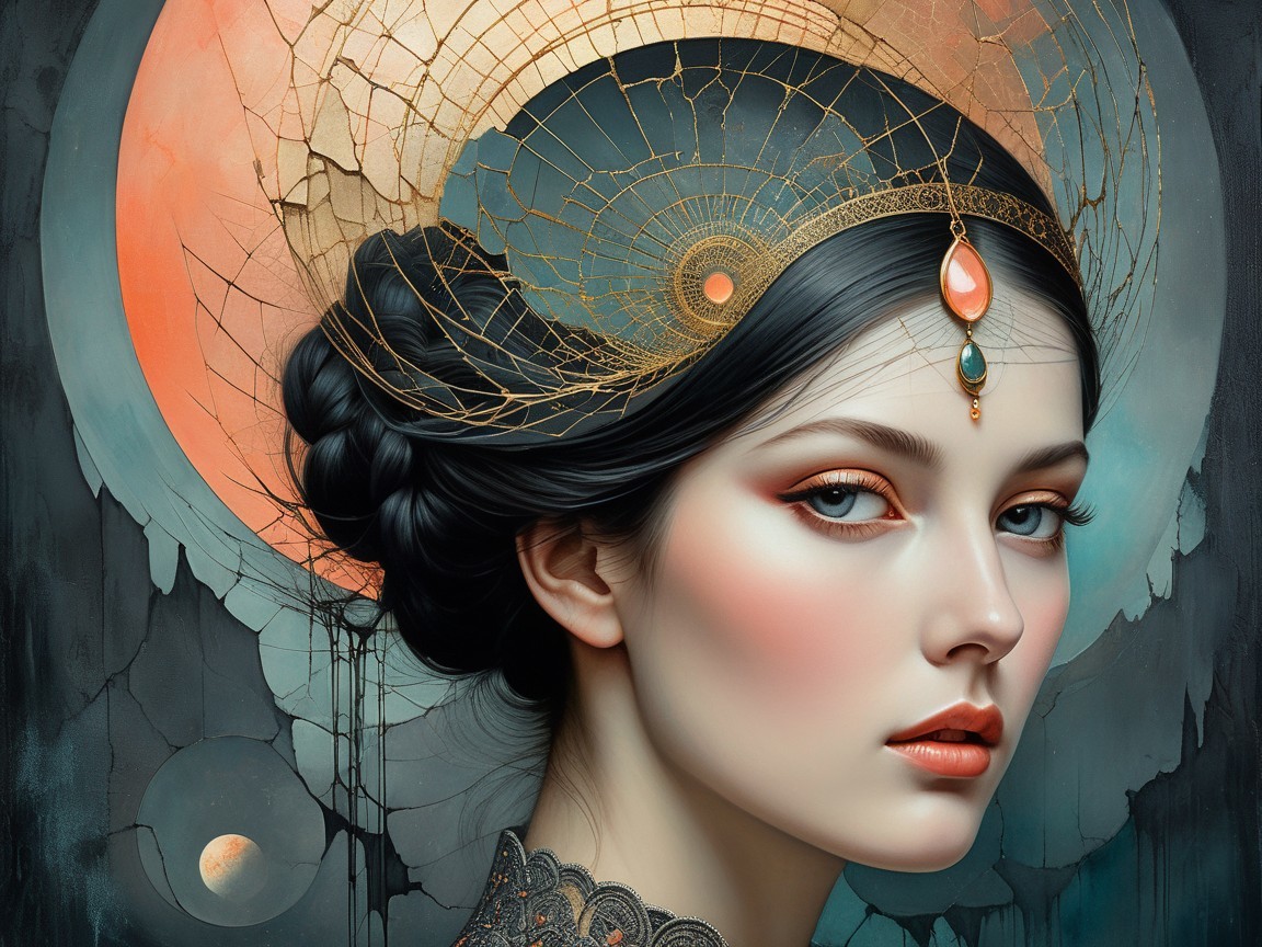 Woman with Intricate Headpiece in Mystical Setting