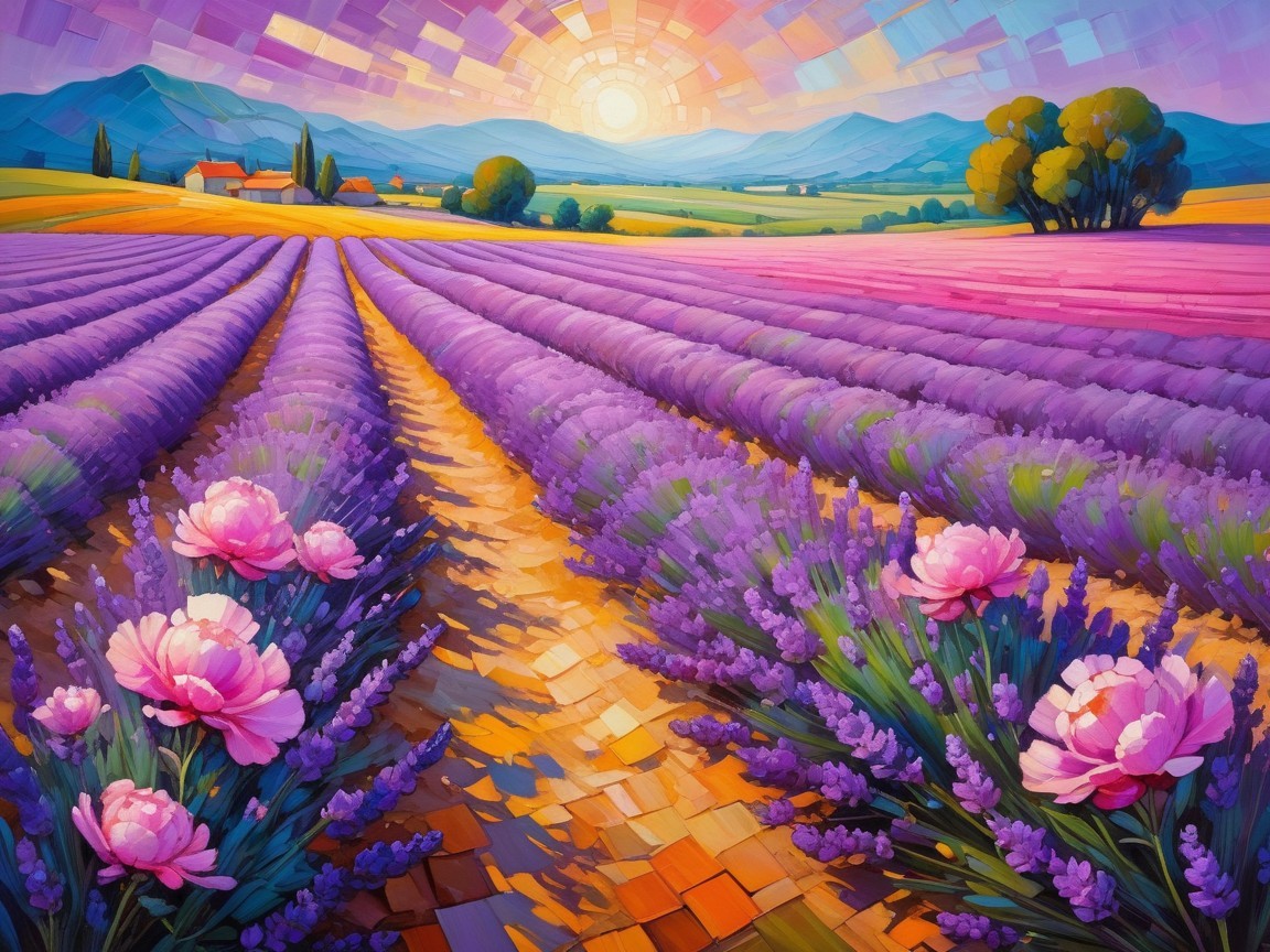 Vibrant Lavender Fields Under Sunrise Mosaic Sky