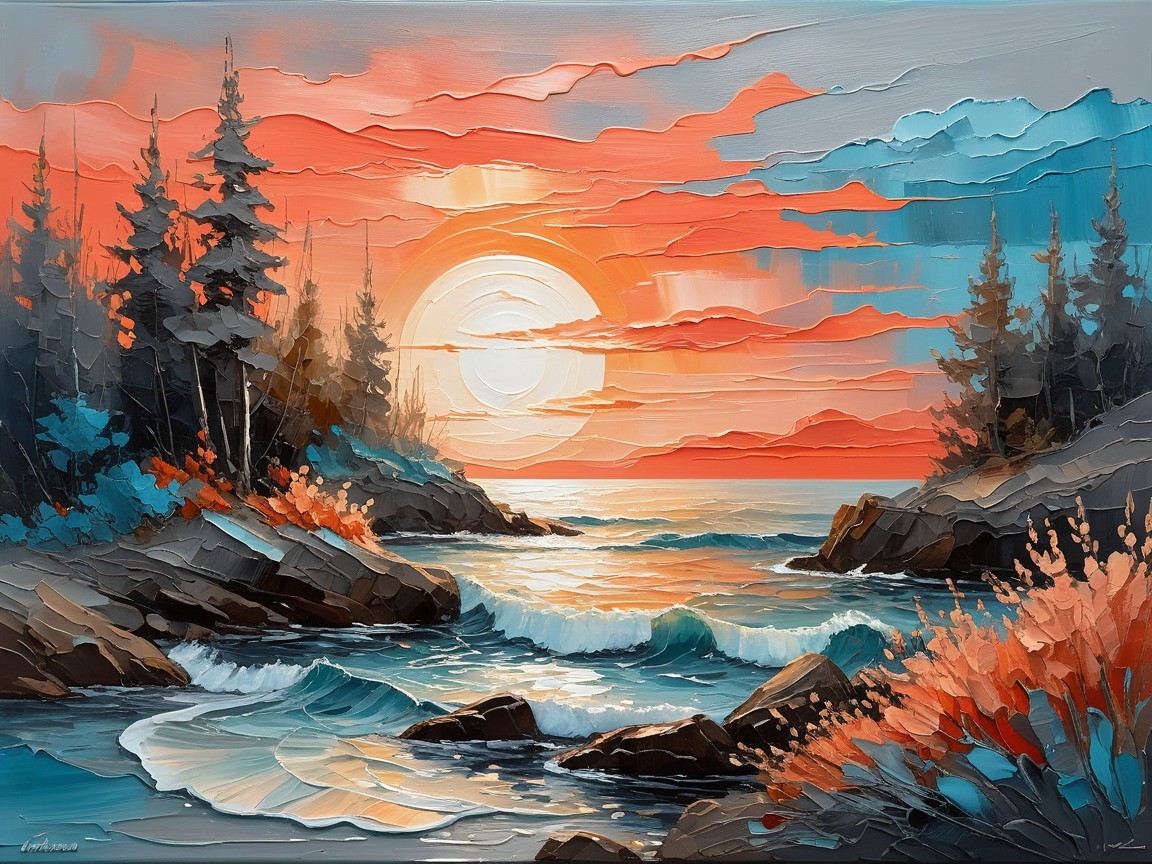 Vibrant Coastal Sunset with Waves and Foliage