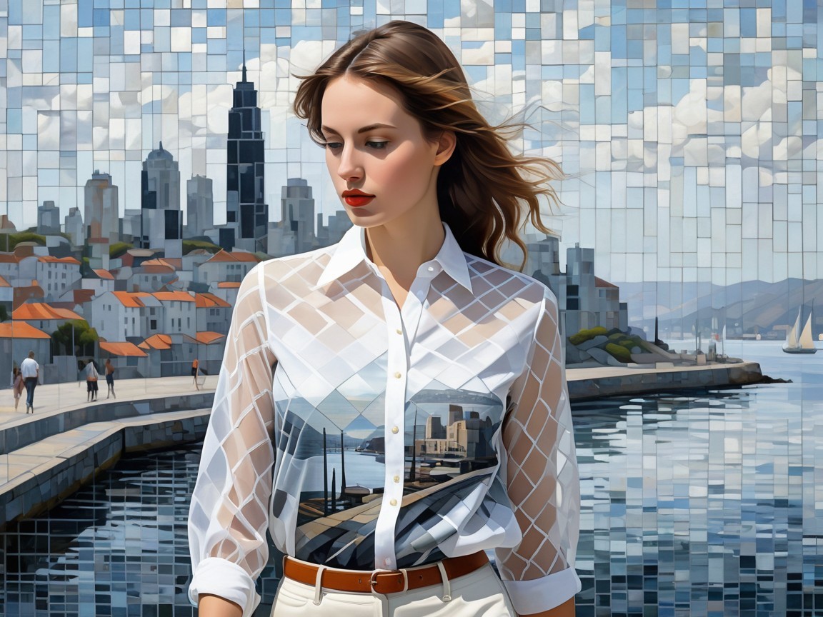 Young woman in abstract landscape by water with buildings
