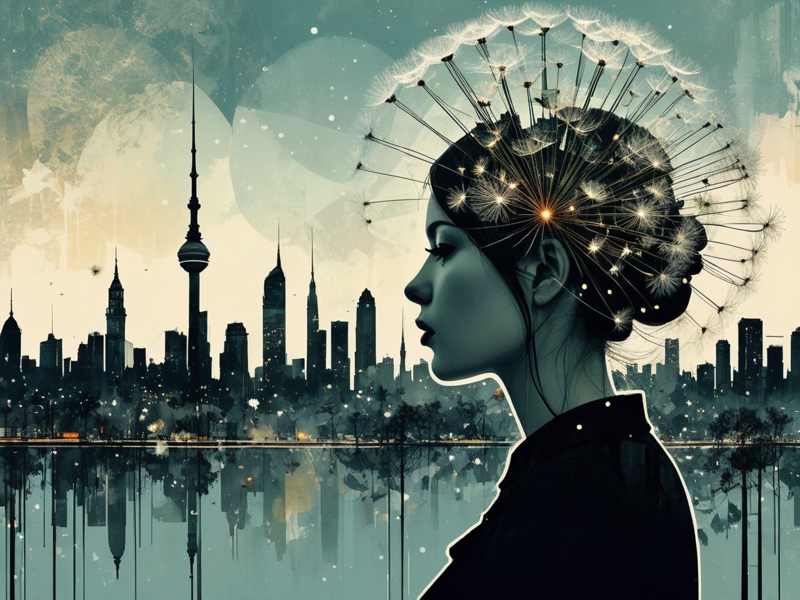 Silhouette of Woman with Skyline and Dandelion Hair